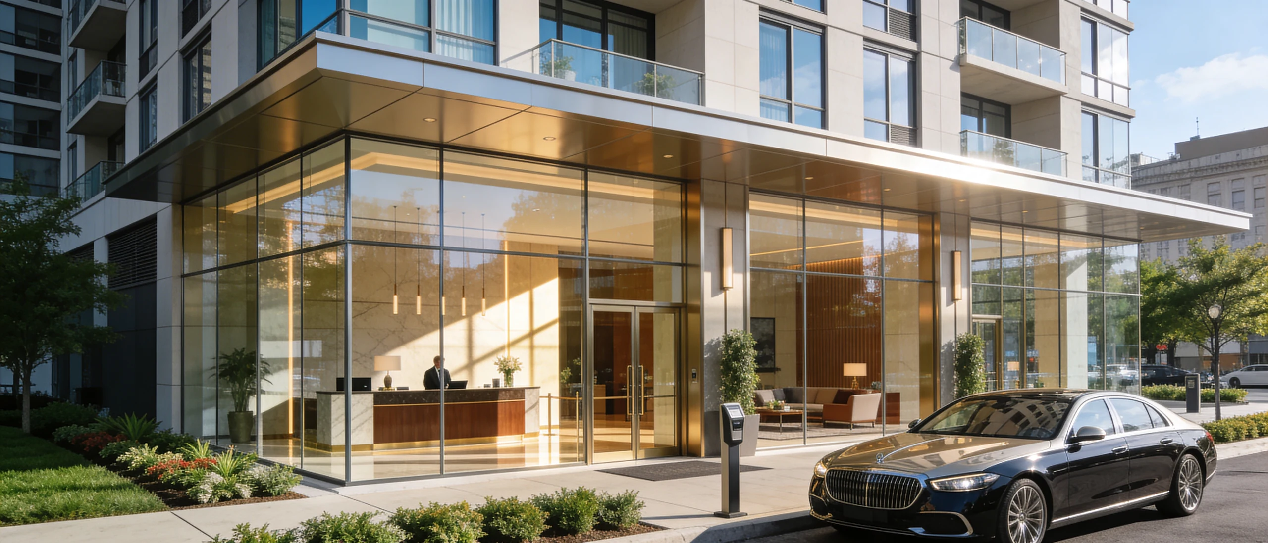 Atmospheric Lighting and Prestige Glass Lobby Arrival